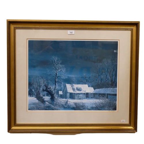 608 - Peter Newcombe, limited edition coloured print, winter, 64/100, 76cm x 65cm overall, framed