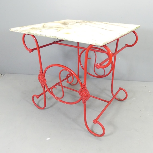 2508 - A French rectangular marble patisserie table on painted wrought iron base. 85x85x80cm