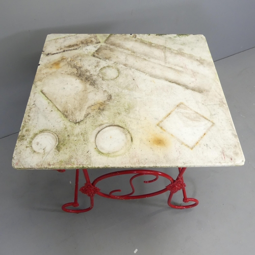 2508 - A French rectangular marble patisserie table on painted wrought iron base. 85x85x80cm