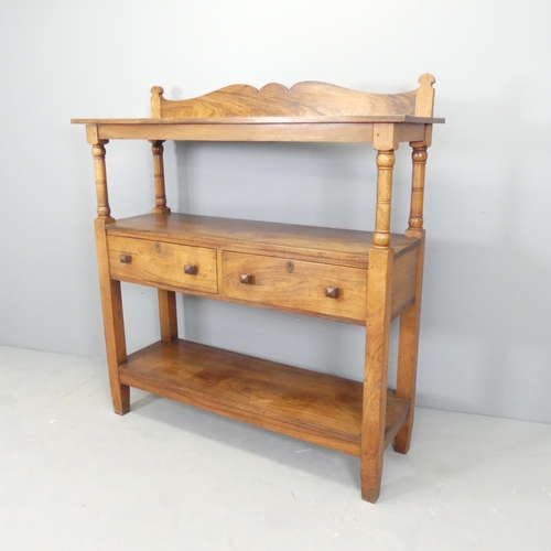 2523 - An Arts & Crafts oak three-tier buffet, with raised back and two drawers. 123x129x40cm.