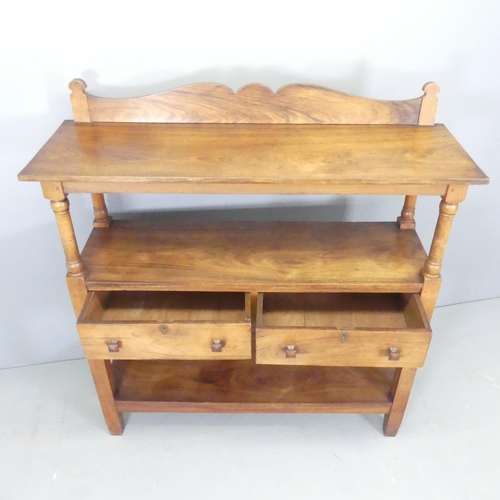 2523 - An Arts & Crafts oak three-tier buffet, with raised back and two drawers. 123x129x40cm.