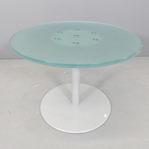 2536 - A contemporary design frosted glass coffee table with steel pedestal base. 60x45cm.