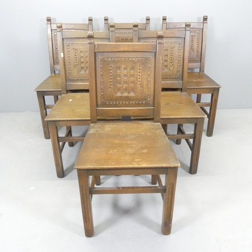 2541 - A set of six oak Pugin style dining chairs, with carved arms of the Palace of Westminster to back pa... 