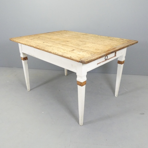 2542 - A pine scrub top kitchen table on painted base, with end frieze drawer and raised on square tapered ... 