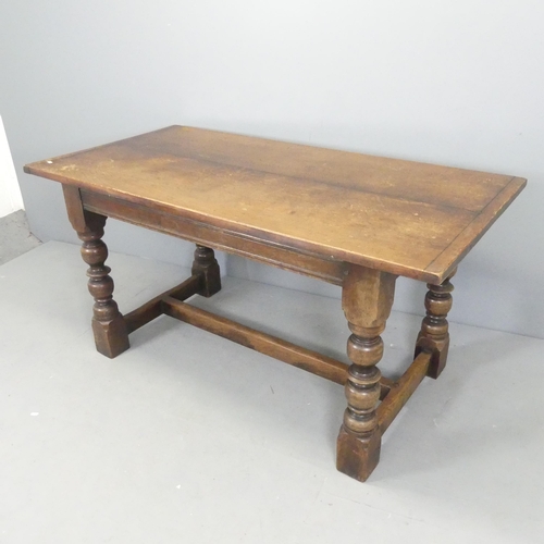 2544 - An antique oak plank-top dining table, raised on turned legs with H-shaped stretcher. 152x77x76cm.