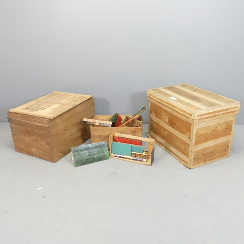 2564 - Two similar Japanese lidded tea chests, largest 68x49x44cm, and a Japanese model temple kit. (3)