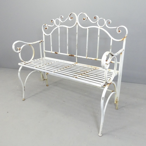 2585 - A white painted aluminium folding garden bench. 106x97x48cm.