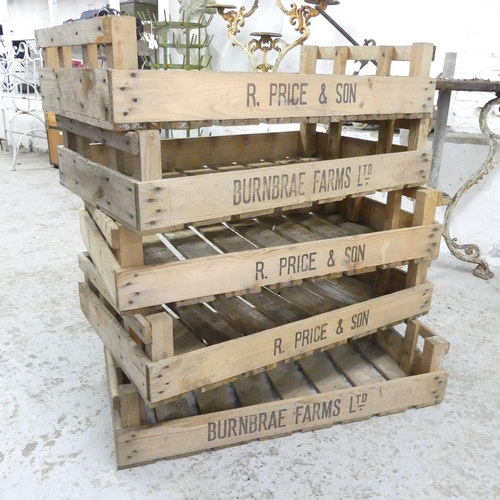 2594 - Five vintage fruit crates, named to Vernbrae Farms Ltd, and R. Price and Son. 76x17x42cm.