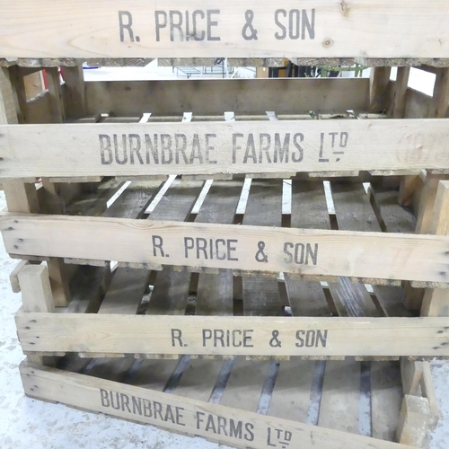 2594 - Five vintage fruit crates, named to Vernbrae Farms Ltd, and R. Price and Son. 76x17x42cm.