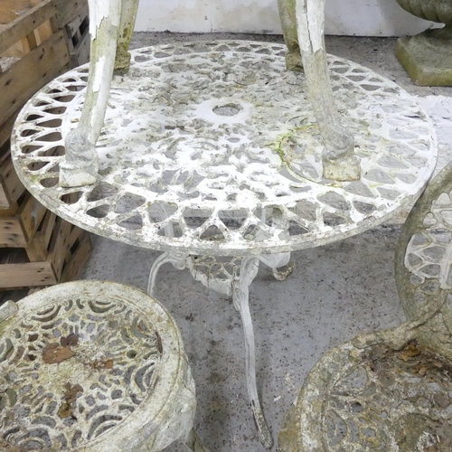 2595 - A painted aluminium garden table, 76x71cm, and three matching chairs.