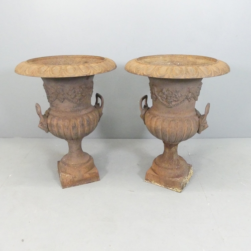 2607 - A large and impressive pair of antique cast Iron continental Campana style urns. 56x76cm.