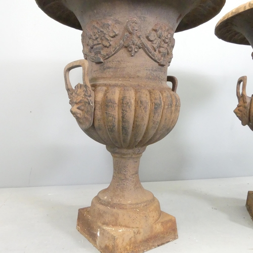 2607 - A large and impressive pair of antique cast Iron continental Campana style urns. 56x76cm.