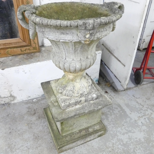 2611 - A large and impressive five section weathered concrete continental style garden urn on pedestal base... 