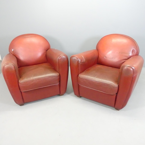 2614 - A pair of French red leather upholstered club armchairs. Overall 90x80x90cm, seat 50x44x60cm.