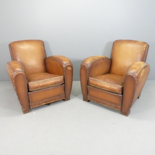 2616 - A pair of French leather-upholstered club armchairs. Overall 86x86x90cm, seat 50x45x53cm.