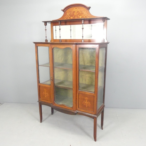 2624 - A late Victorian and satinwood strung break-front display cabinet,with raised mirrored back and inla... 