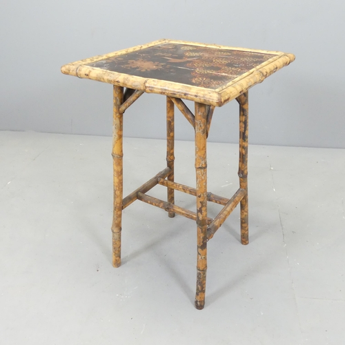 2639 - An antique tiger bamboo square top occasional table, with Chinoiserie painted top. 43x67cm.