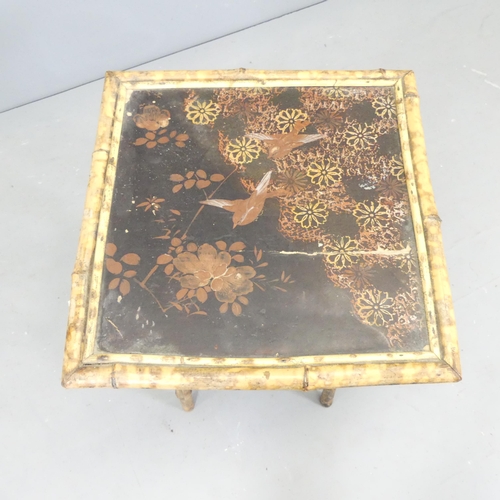 2639 - An antique tiger bamboo square top occasional table, with Chinoiserie painted top. 43x67cm.