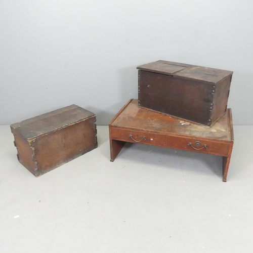 2648 - A Japanese elm low writing table, 84x34x54cm, and two stained pine military style chests, largest 62... 