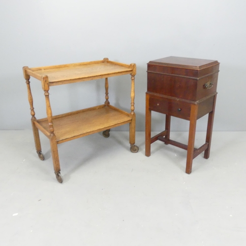 2659 - An early 20th century oak two-tier drinks trolley, 70x74x40cm, and a mahogany sewing box on stand. (... 