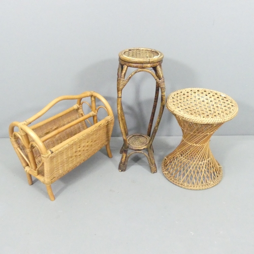 2689 - A two-tier wicker plant stand, 24x60cm, a circular table and a magazine rack. (4).