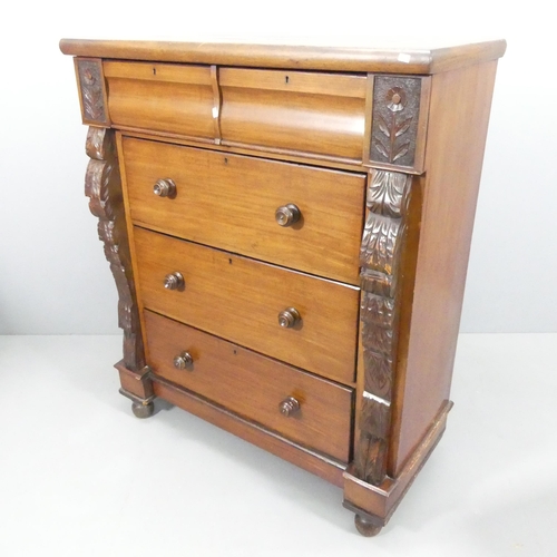 2224 - An antique mahogany Scottish chest of two short and three long drawers, with carved pilasters and in... 