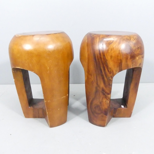 2236 - A pair of brutalist solid wood carved stools. Height 47cm.