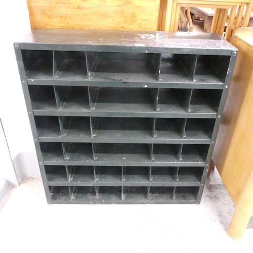 2663 - A Vintage industrial painted metal pigeonhole unit, 93x95x31cm.