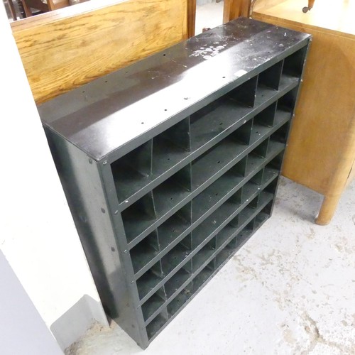 2663 - A Vintage industrial painted metal pigeonhole unit, 93x95x31cm.