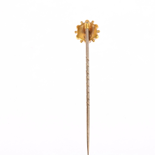 904 - A Victorian 15ct gold split pearl Etruscan Revival stickpin, circa 1890, head 10.8mm, overall 59.5mm... 