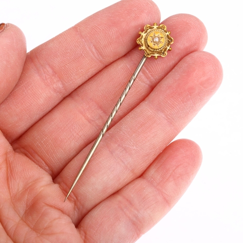 904 - A Victorian 15ct gold split pearl Etruscan Revival stickpin, circa 1890, head 10.8mm, overall 59.5mm... 