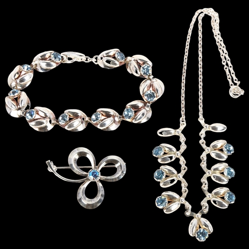 908 - HERMANN SIERSBOL - a Danish modernist sterling silver blue paste demi-parure, comprising necklace, 3... 