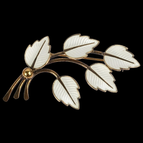 912 - JEMAX - a Danish modernist sterling silver-gilt white enamel leaf brooch, 60.4mm, 8.9g