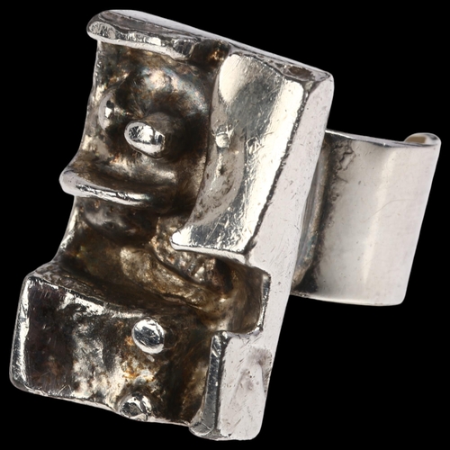 928 - NIELSEN - a Danish brutalist silver plated abstract ring, setting height 28.8mm, size R, 24.8g