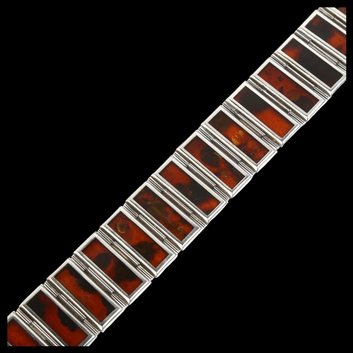 934 - A late 20th century Polish sterling silver and Baltic amber panel bracelet, maker JZ, Gdansk, 20cm, ... 