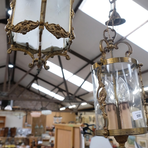 419 - Hexagonal brass hanging lantern, with etched frosted panels, a cylindrical brass lantern, and a smal... 