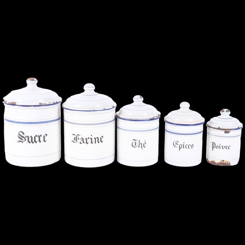 108 - A graduated set of 5 vintage French enamel kitchen storage jars and covers. H - 18cm. (5).