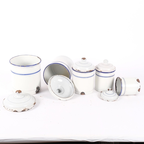 108 - A graduated set of 5 vintage French enamel kitchen storage jars and covers. H - 18cm. (5).