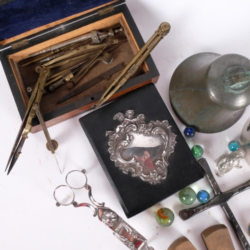 118 - A group of various interesting items including candle snuffers, vanity set, cased protractors, vinta... 