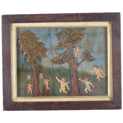 120 - A carved and painted wood/wax relief picture, depicting trees and cherubs in glazed frame, 21cm x 25... 