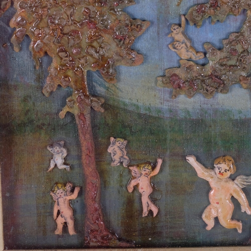 120 - A carved and painted wood/wax relief picture, depicting trees and cherubs in glazed frame, 21cm x 25... 