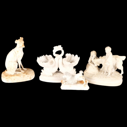 127 - A group of Parian ware figures including greyhound (H-19.5cm), young girl and boy with mountain goat... 