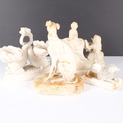 127 - A group of Parian ware figures including greyhound (H-19.5cm), young girl and boy with mountain goat... 