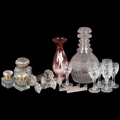 128 - A Mary Gregory cranberry glass vase (H-18cm), a cut glass decanter, cut glass set of 6 sherry glasse... 