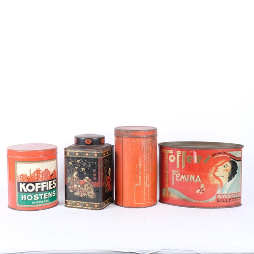 131 - A group of vintage and antique tins, including 'Torrefie Le Pelican Rouge' (H-23cm), 'toffies femina... 