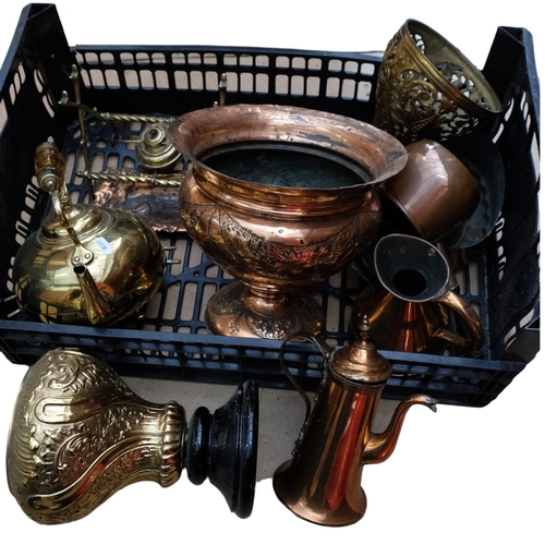 146 - A quantity of brass and copper items, including embossed copper jardiniere (H-22cm), copper chocolat... 