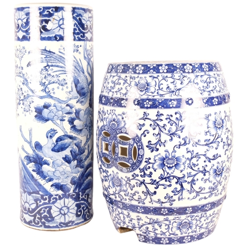 150 - A 19th century Minton blue and white garden barrel seat (A/F). H - 47cm, and a Chinese blue and whit... 