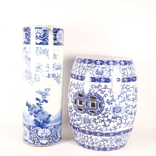 150 - A 19th century Minton blue and white garden barrel seat (A/F). H - 47cm, and a Chinese blue and whit... 