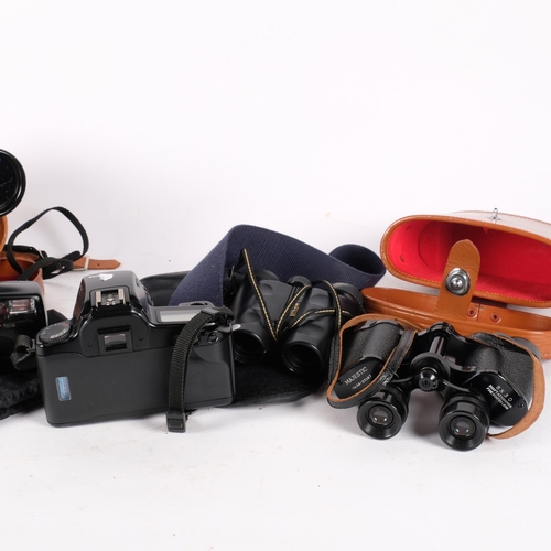 161 - A quantity of vintage cameras and binoculars, including Canon EOS1000F, Pentax PC-100, Vesper optics... 