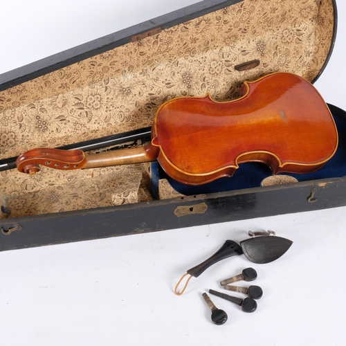 166 - A wooden violin, in associated wooden hardshell case, no bow, violin back length 13